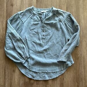 Lush Distressed Everblue Button Down Shirt Size Small | Raw Hem & Puff Sleeve